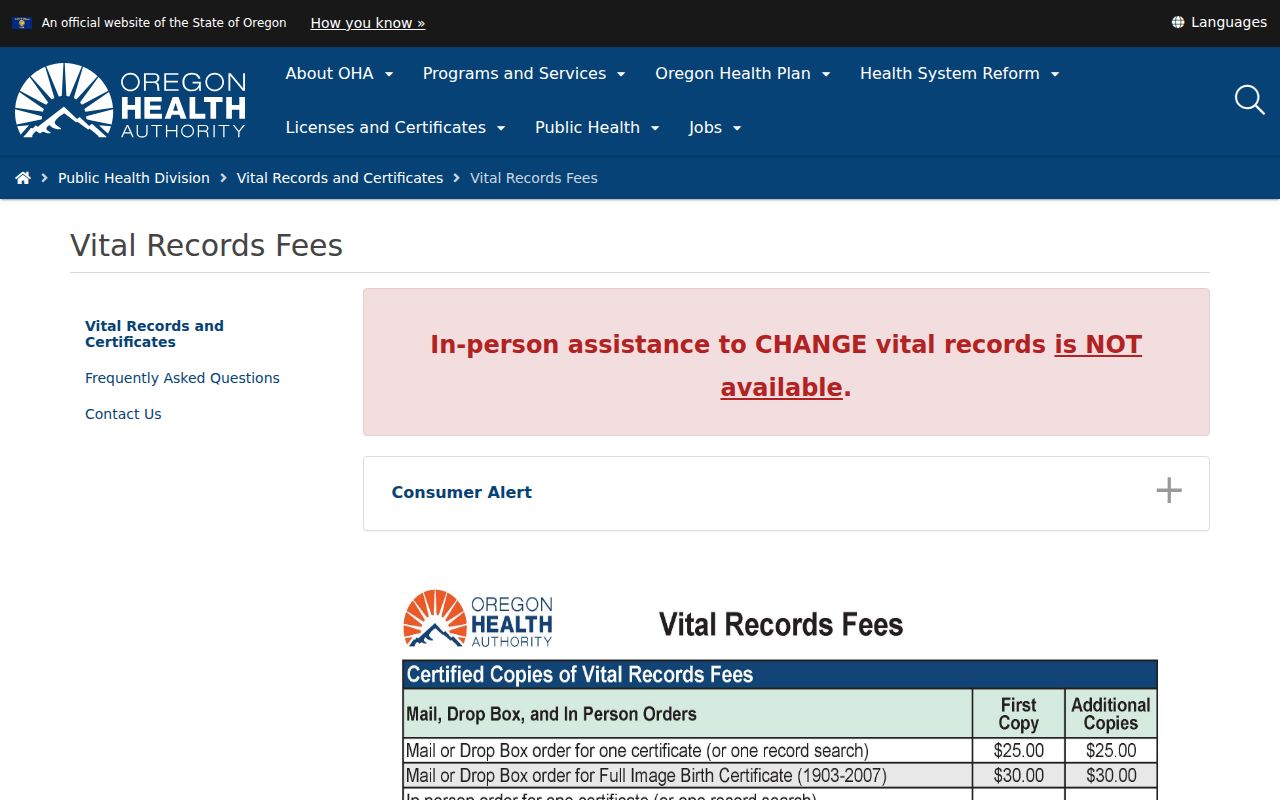 Woodburn residents directory Oregon vital-records fee source